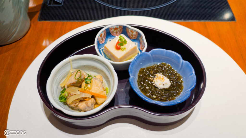 魚南蛮、豆乳豆腐、もずくの三品の前菜
