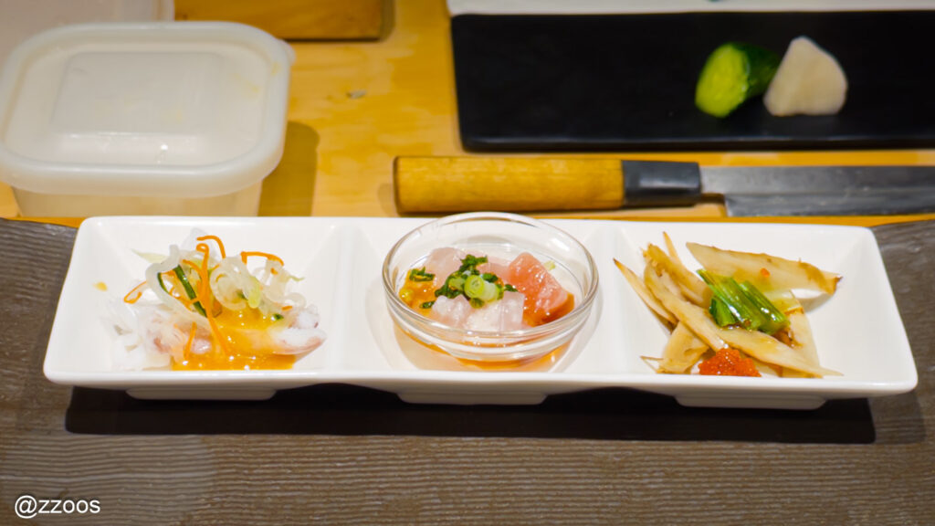 イカゲソ、山かけ、ゴボウあえの前菜3種。