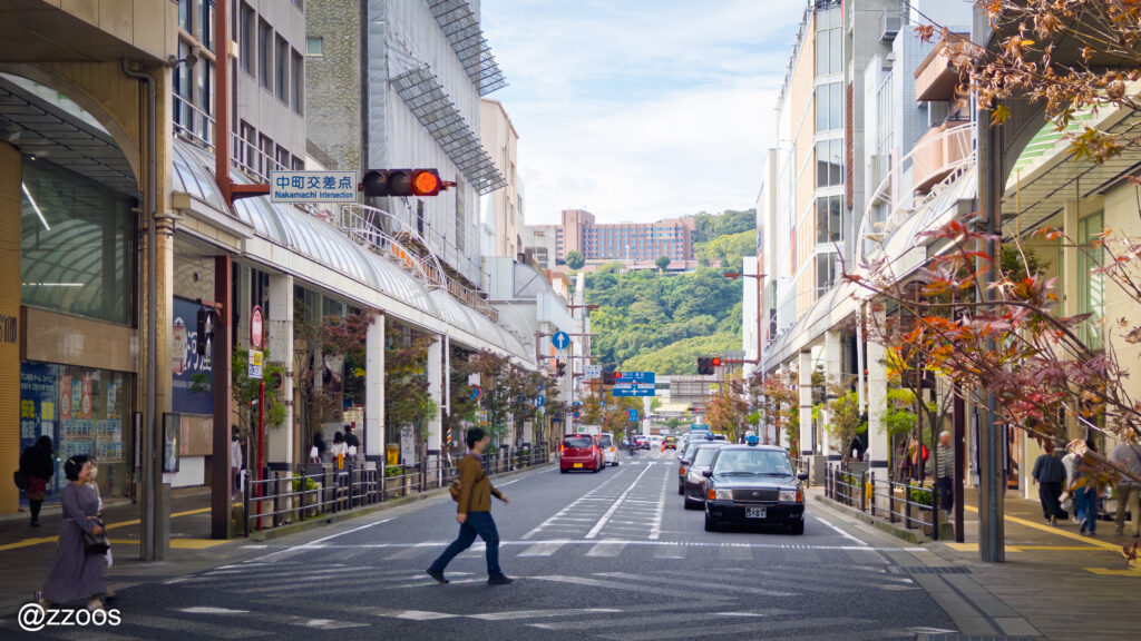  夜の鹿児島の街。横断歩道を渡る人たちの様子。