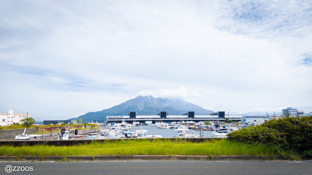 遠くに魚市場が見える海沿いの道路。
