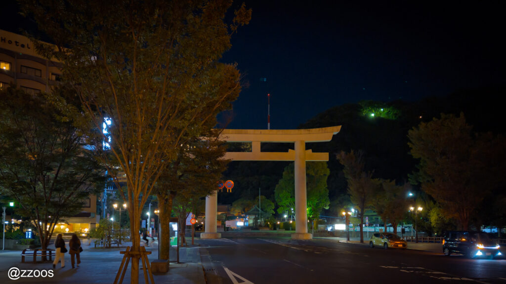 照國通りの突き当たりに立つ大きな鳥居