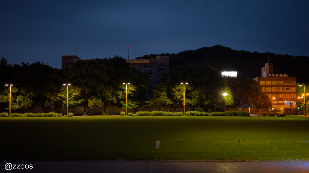 夜の鹿児島中央公園、街の中心に広がる静かな公園風景