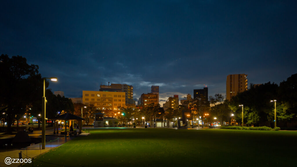 鹿児島の雰囲気を形づくる夜の鹿児島中央公園