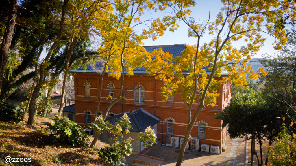 丘の上から見下ろした赤レンガ建物の背面