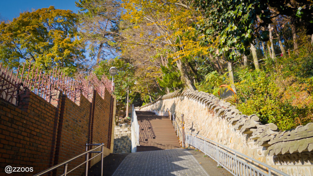 山の上へと続く舗装された散策路