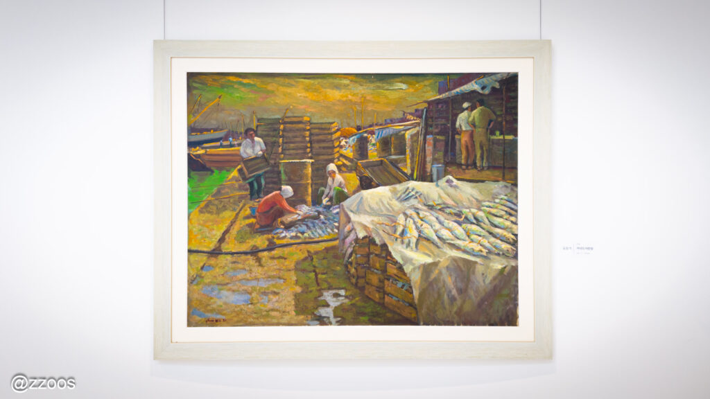 キム・アムギ画伯の作品「夕方の魚市場」