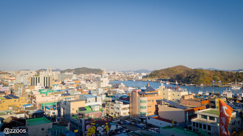 丘の上から見下ろす都市と海の景色