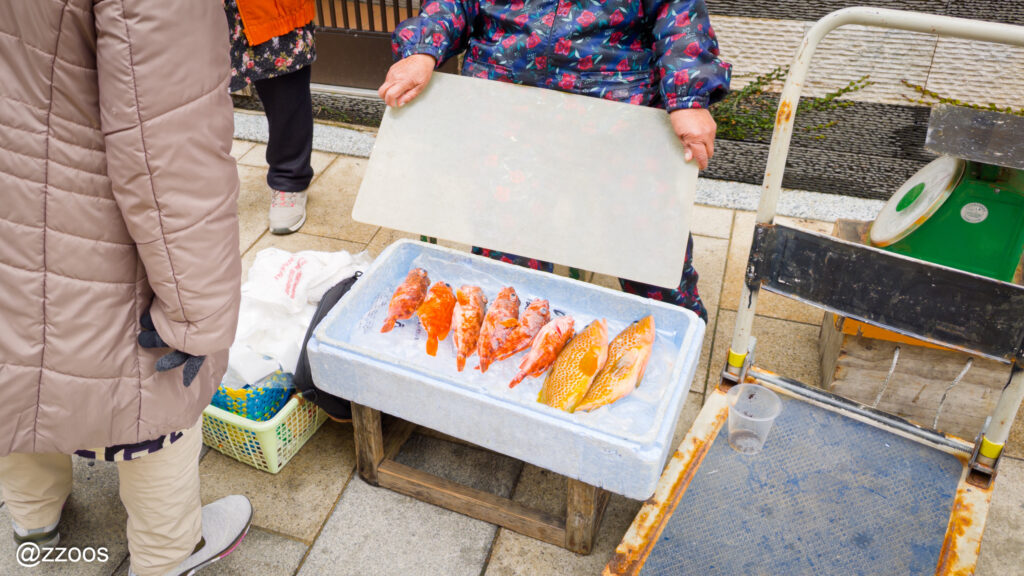 呼子市場で魚を売っているおばあさん