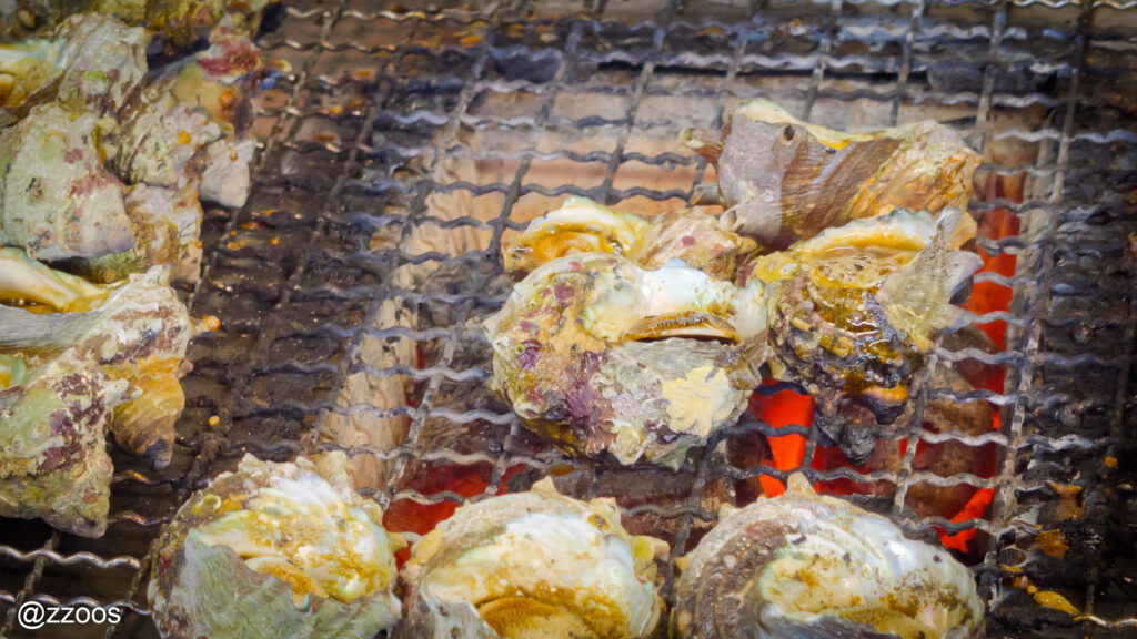 炭火の上のサザエたち