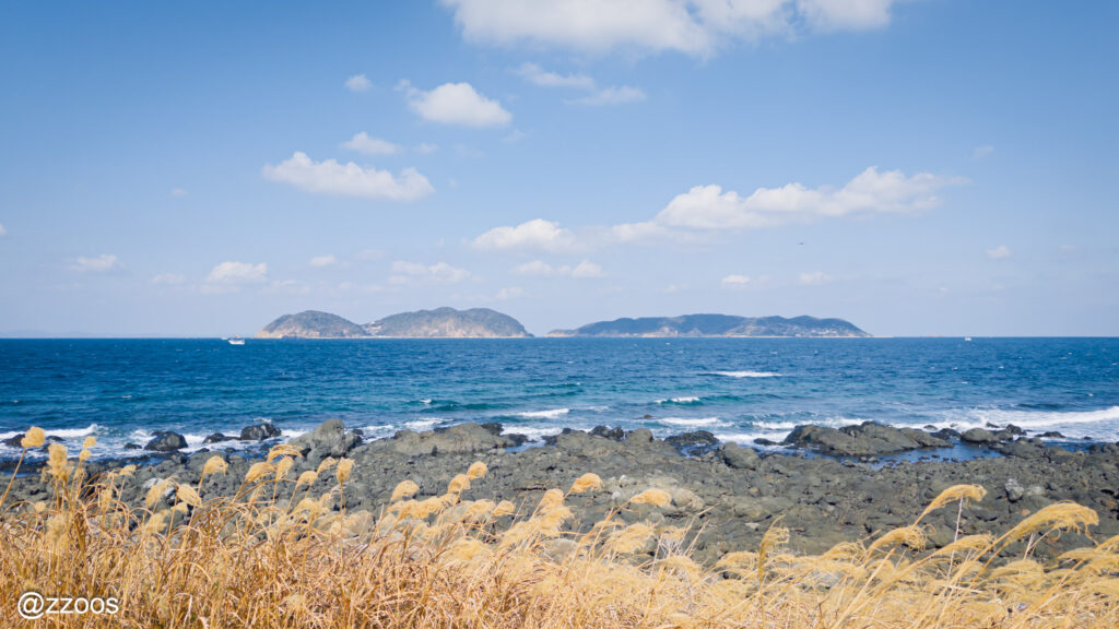 The deep blue sea and a distant island.