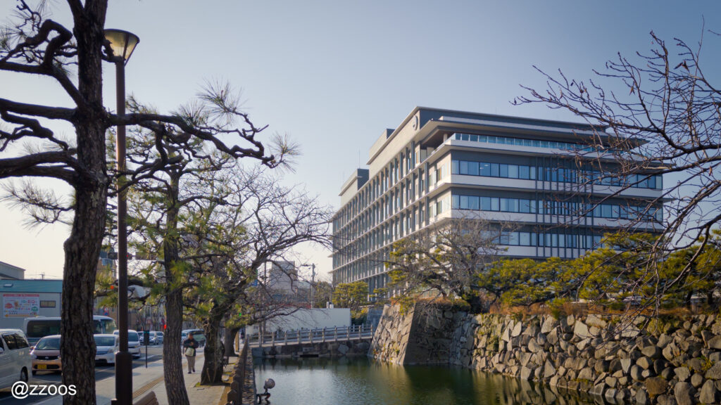 Karatsu City Hall building behind a moat and stone wall
