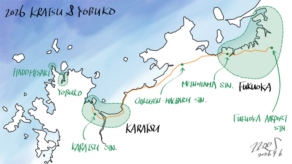 A hand-drawn map of Fukuoka and the Karatsu area