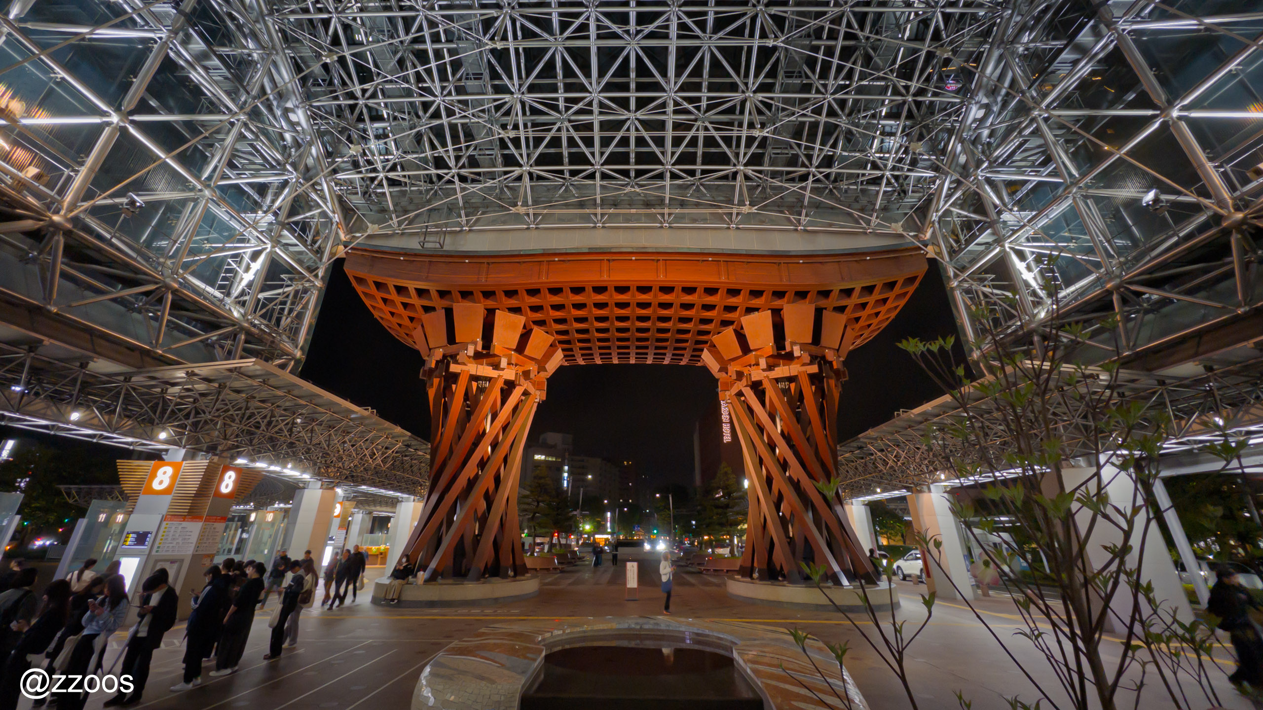 Nighttime view of Tsuzumi-mon Gate from inside the Motenashi Dome