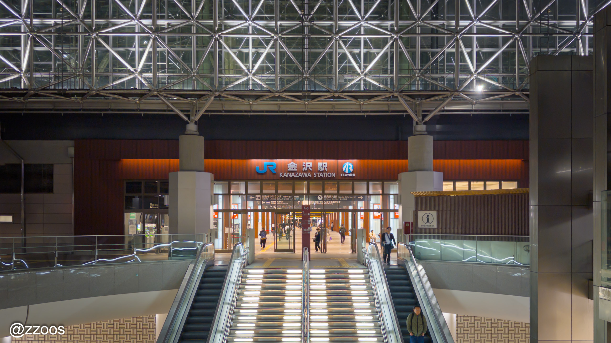 East exit of Kanazawa Station with stairs and escalators to the underground plaza