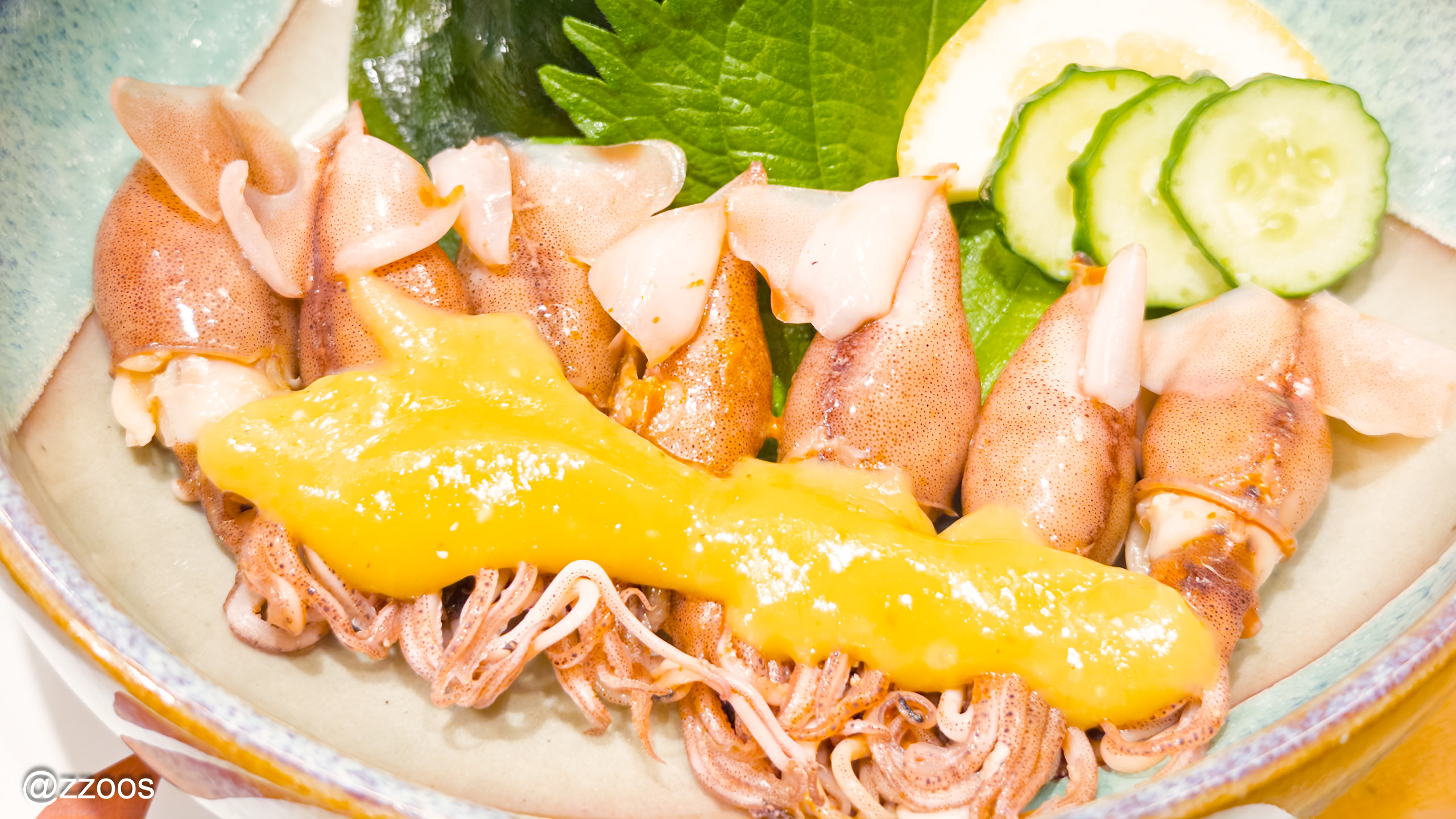 Close-up of hotaru ika sumiso-ae at Ichigohan Bunke — firefly squid with vinegared miso sauce