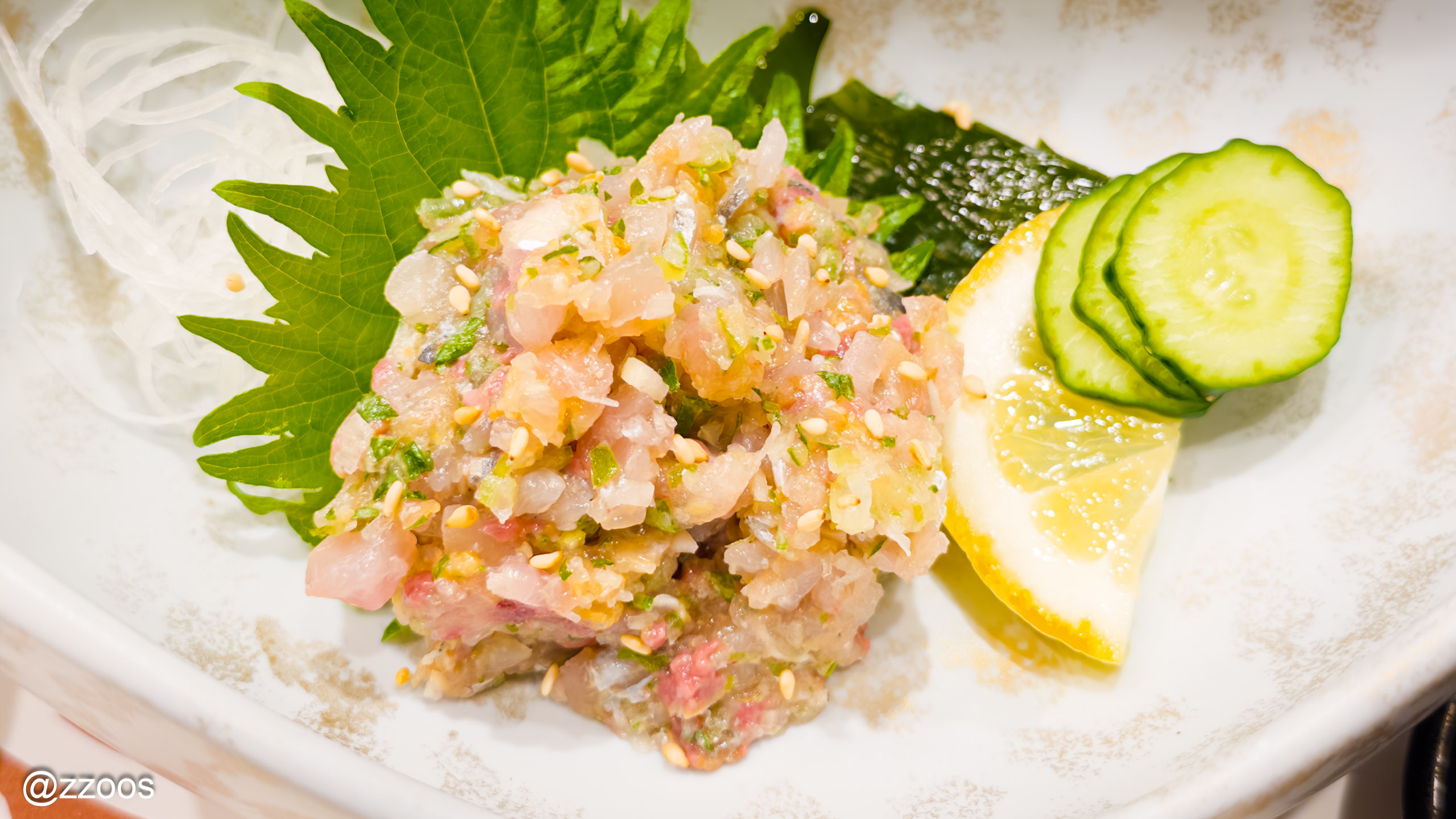 Close-up of aji namero at Ichigohan Bunke — minced horse mackerel with miso, scallion, and ginger