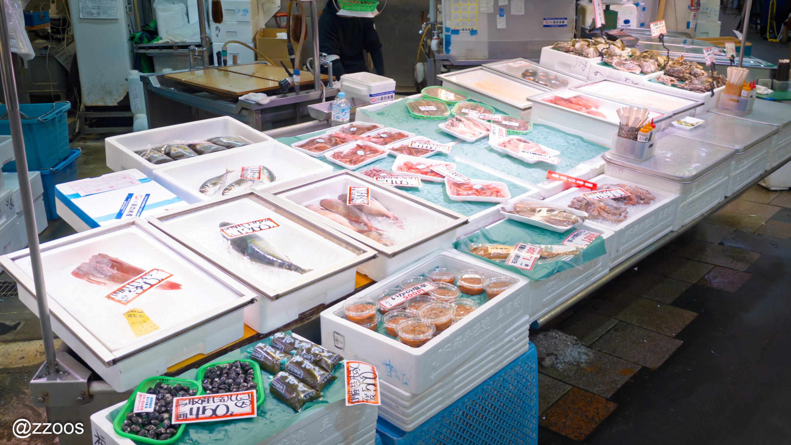 近江町市場の鮮魚店に並ぶさまざまな魚と海産物