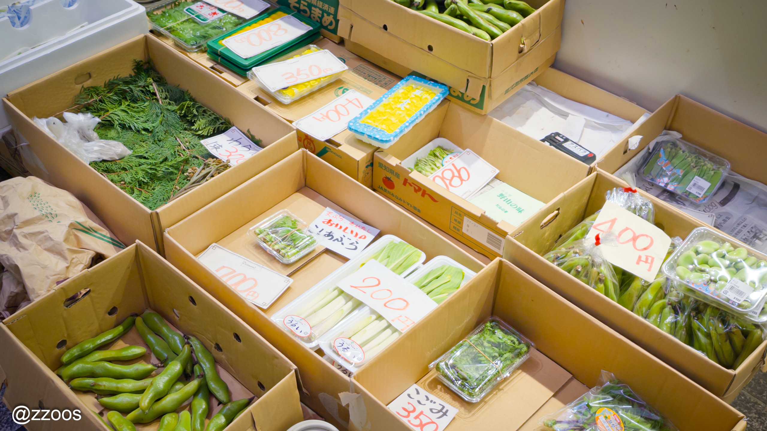 近江町市場の野菜店に並ぶそら豆