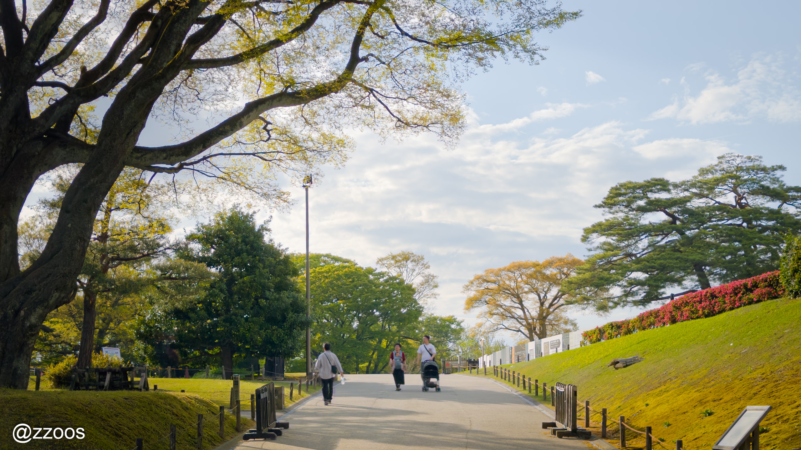金沢城の穏やかな全景、広い芝生と散策する家族たち