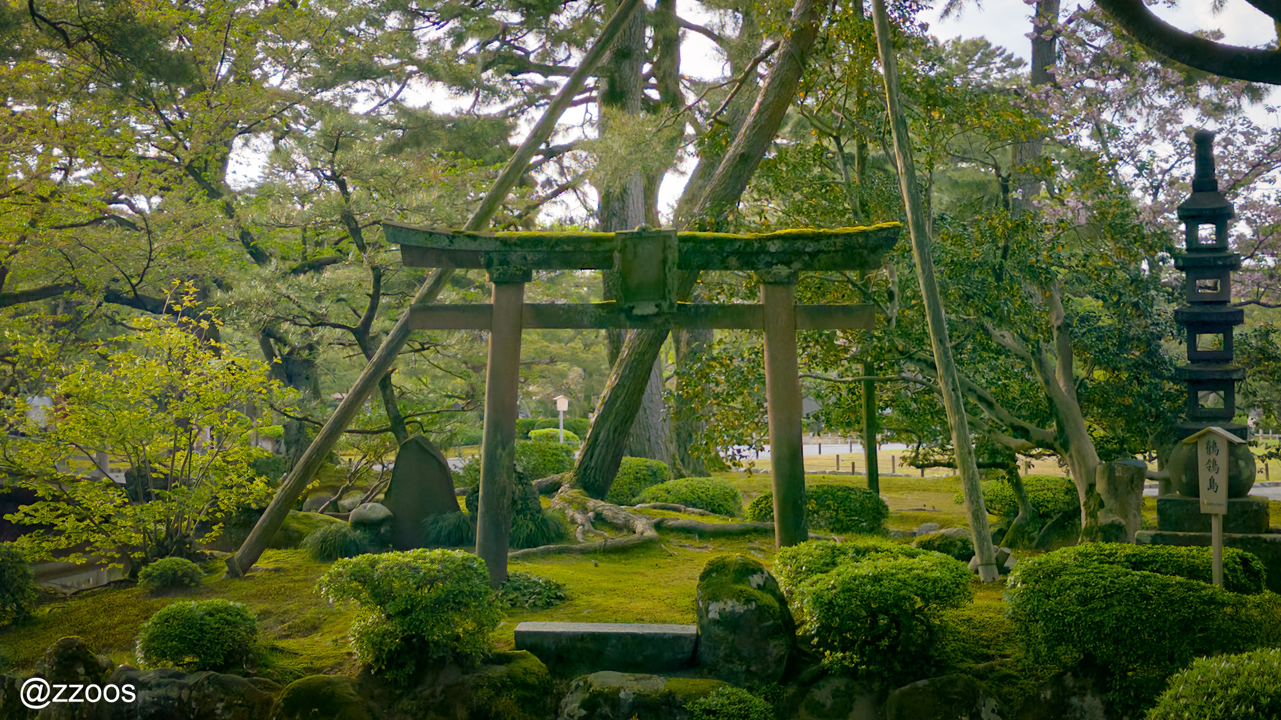 Small torii gate on Sekireijima island with moss at Kenrokuen