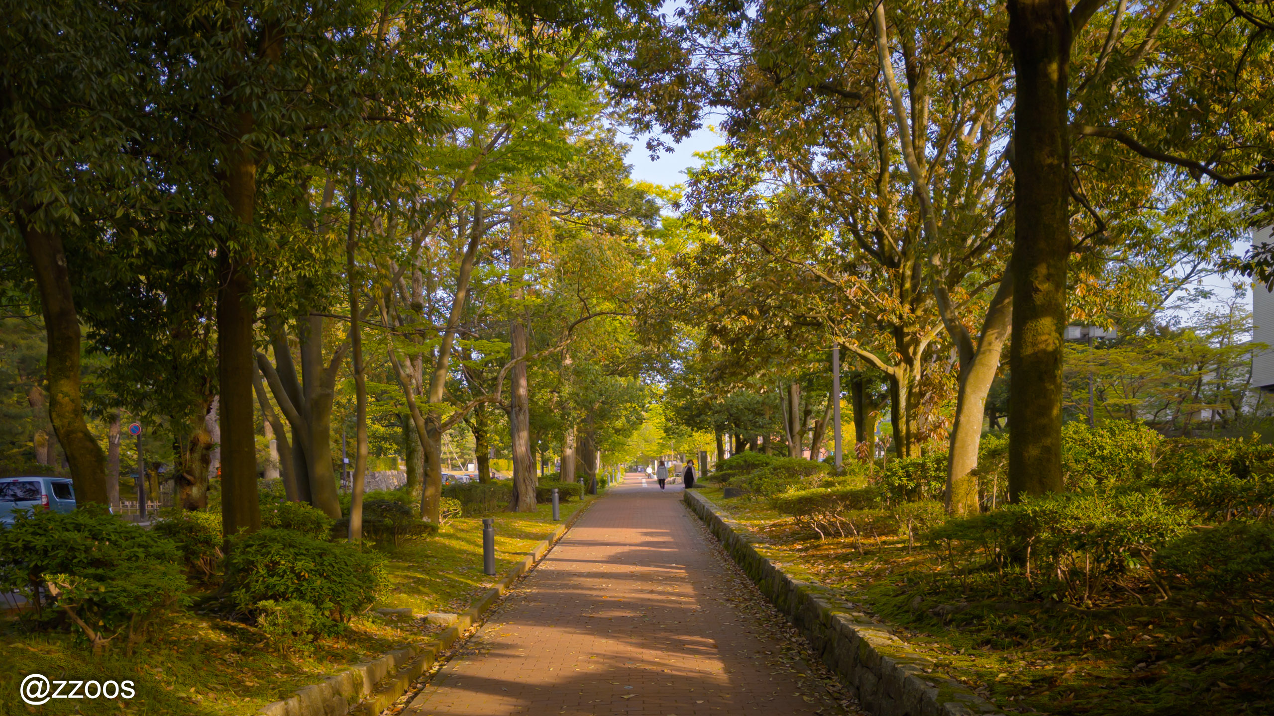 Ishikawa Prefectural Museum of Art on the right, Kanazawa Shrine on the left, seen from Hyakumangoku-dori