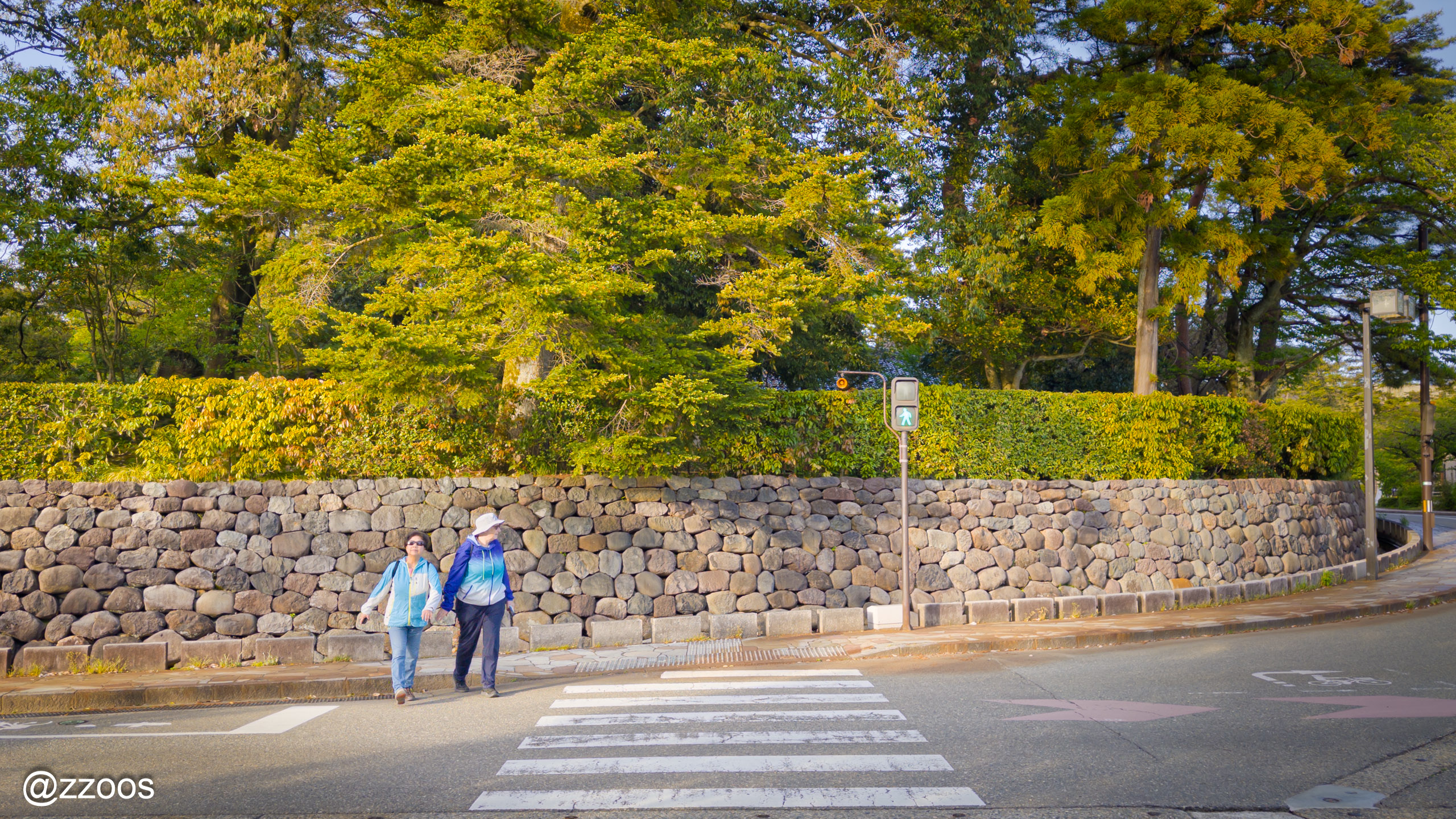 Pedestrian crossing in front of Ishikawa Prefectural Museum of Art leading toward Kanazawa Shrine