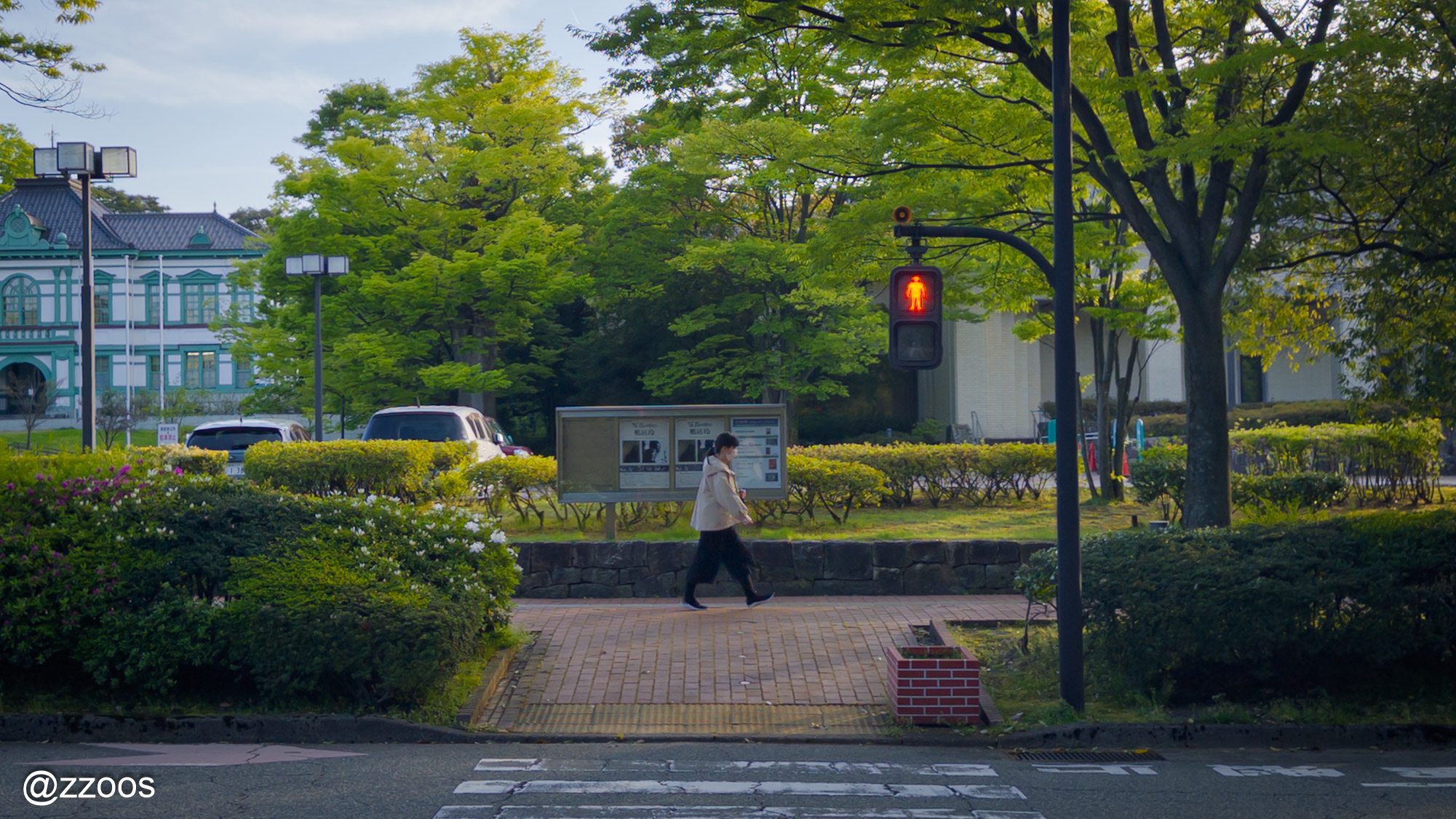 Crossing the street in front of Kanazawa Jinja Shrine