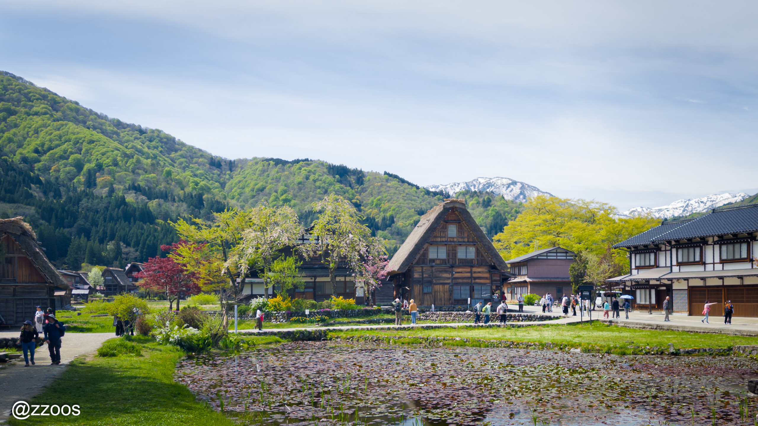Shirakawa-go village with gassho-zukuri and modern buildings mixed together