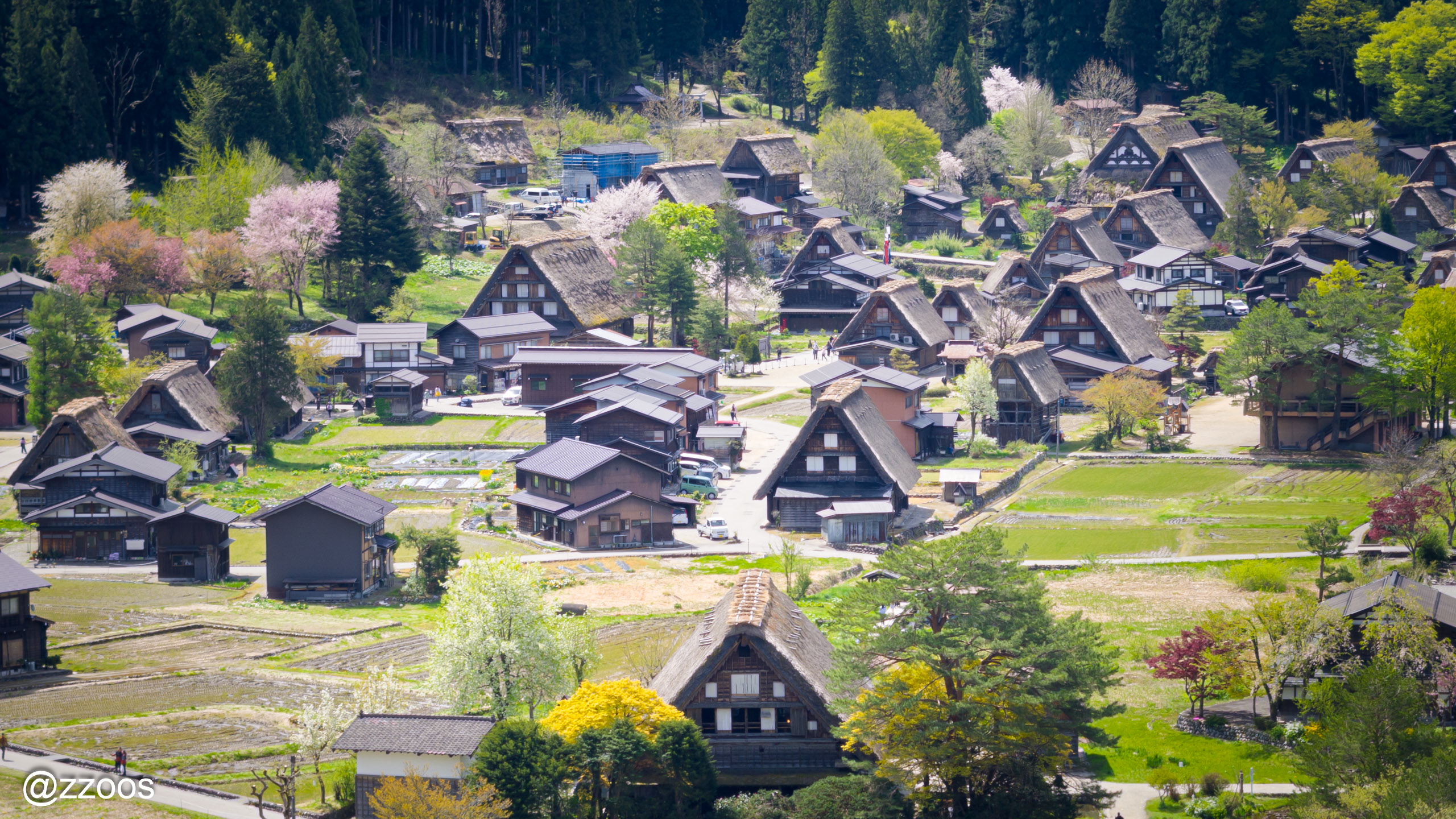 Village view with gassho-zukuri and modern building roofs mixed together