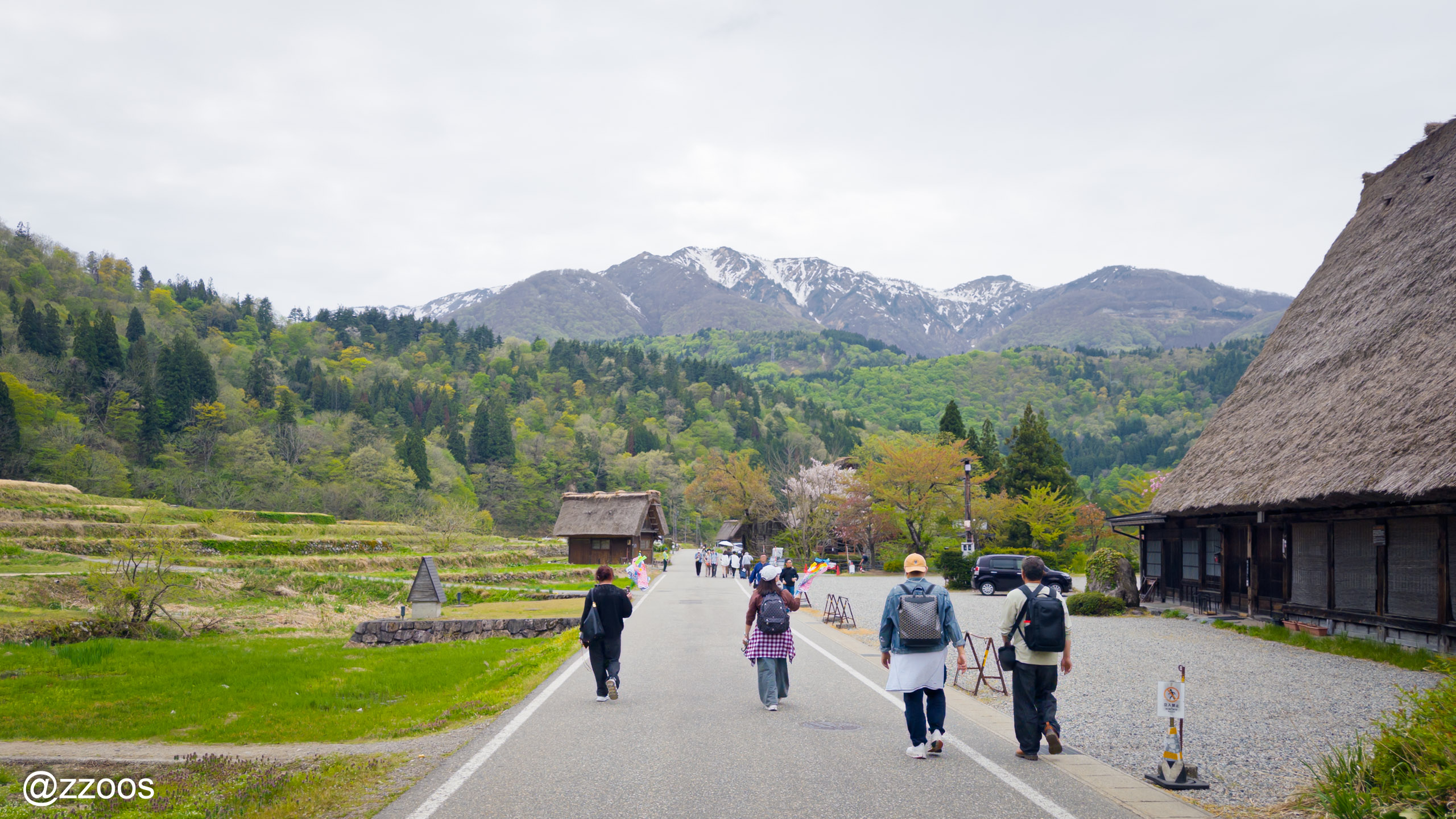 Shirakawa-go scenery with snow-capped Mt. Hakusan in the distance