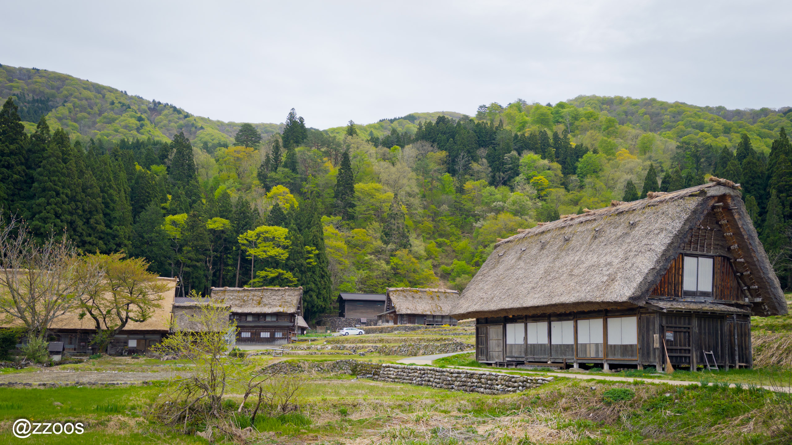 Shirakawa-go village scenery against a mountain backdrop