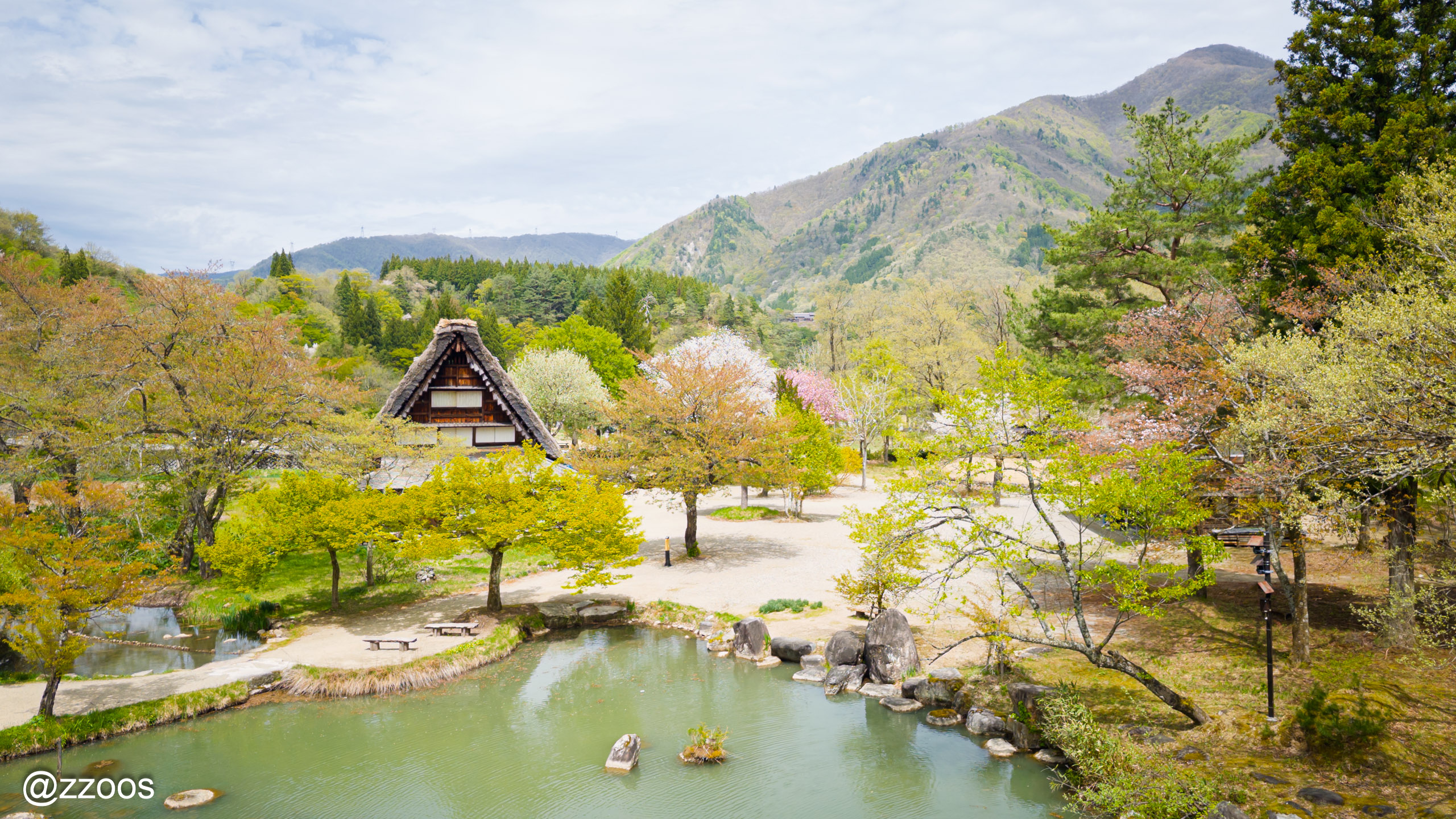 Small waterfall and pond at the Minka-en with cherry blossoms still in bloom