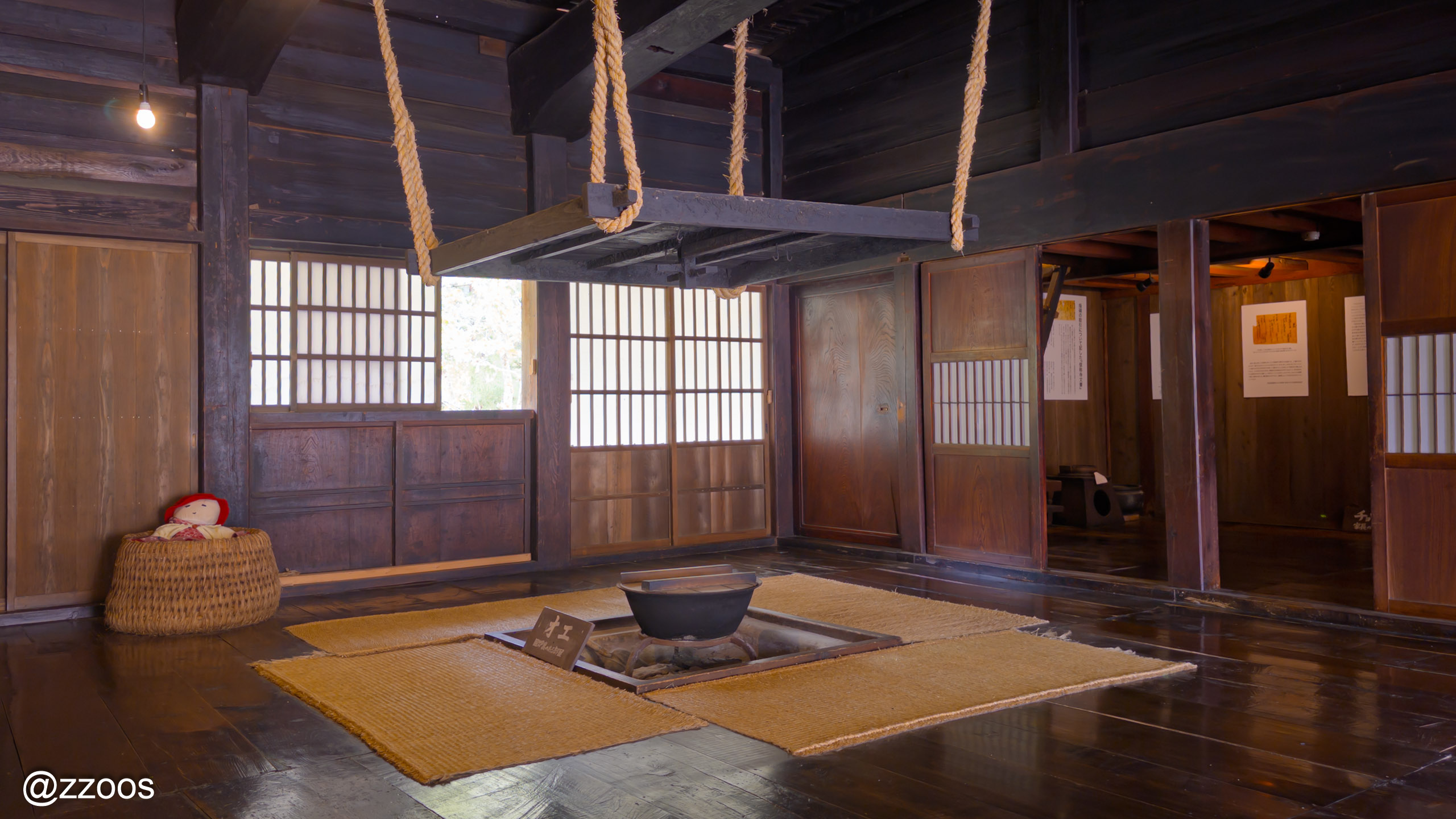 Irori hearth on the first floor of a gassho-zukuri house