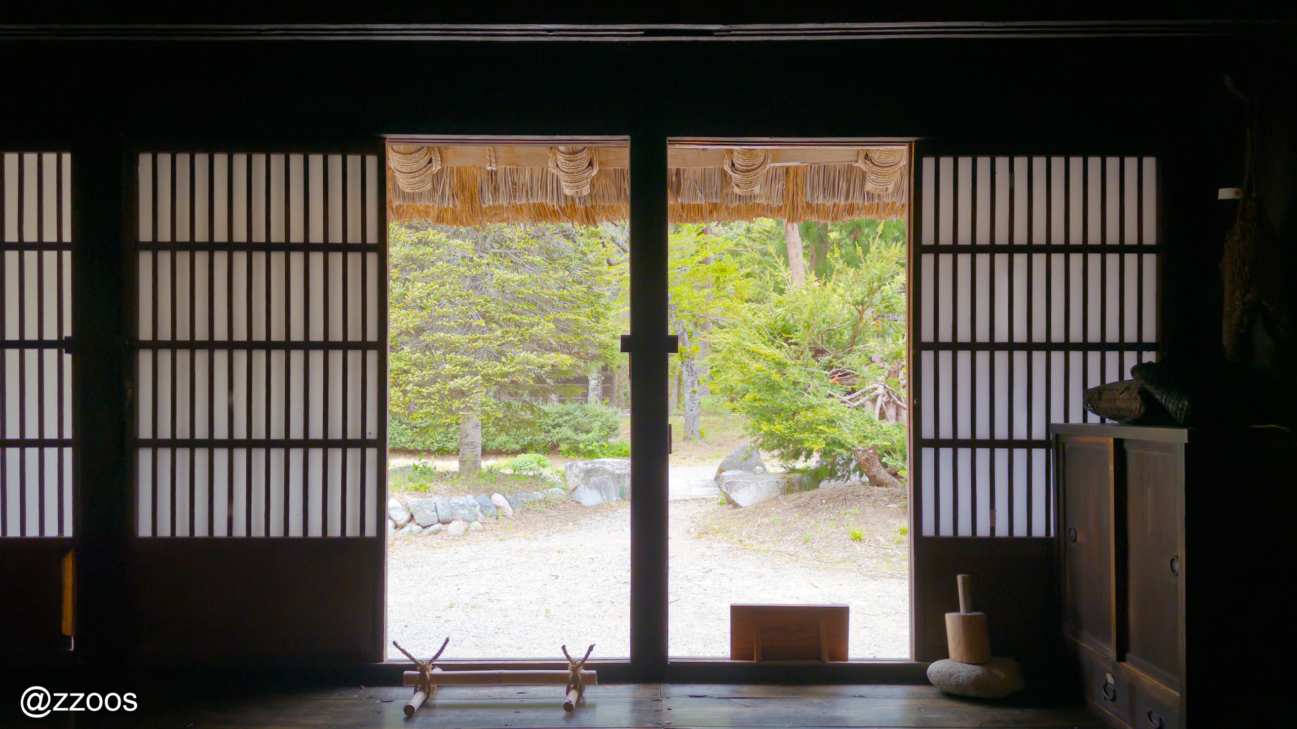 View looking out from inside a gassho-zukuri house