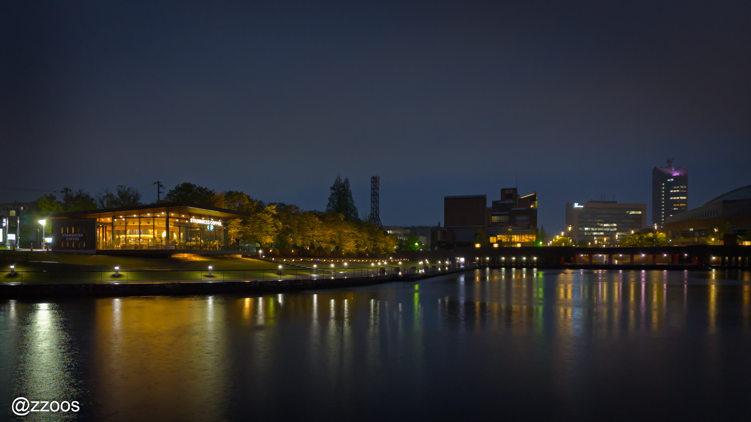 環水公園の湖の夜景とスターバックスの様子