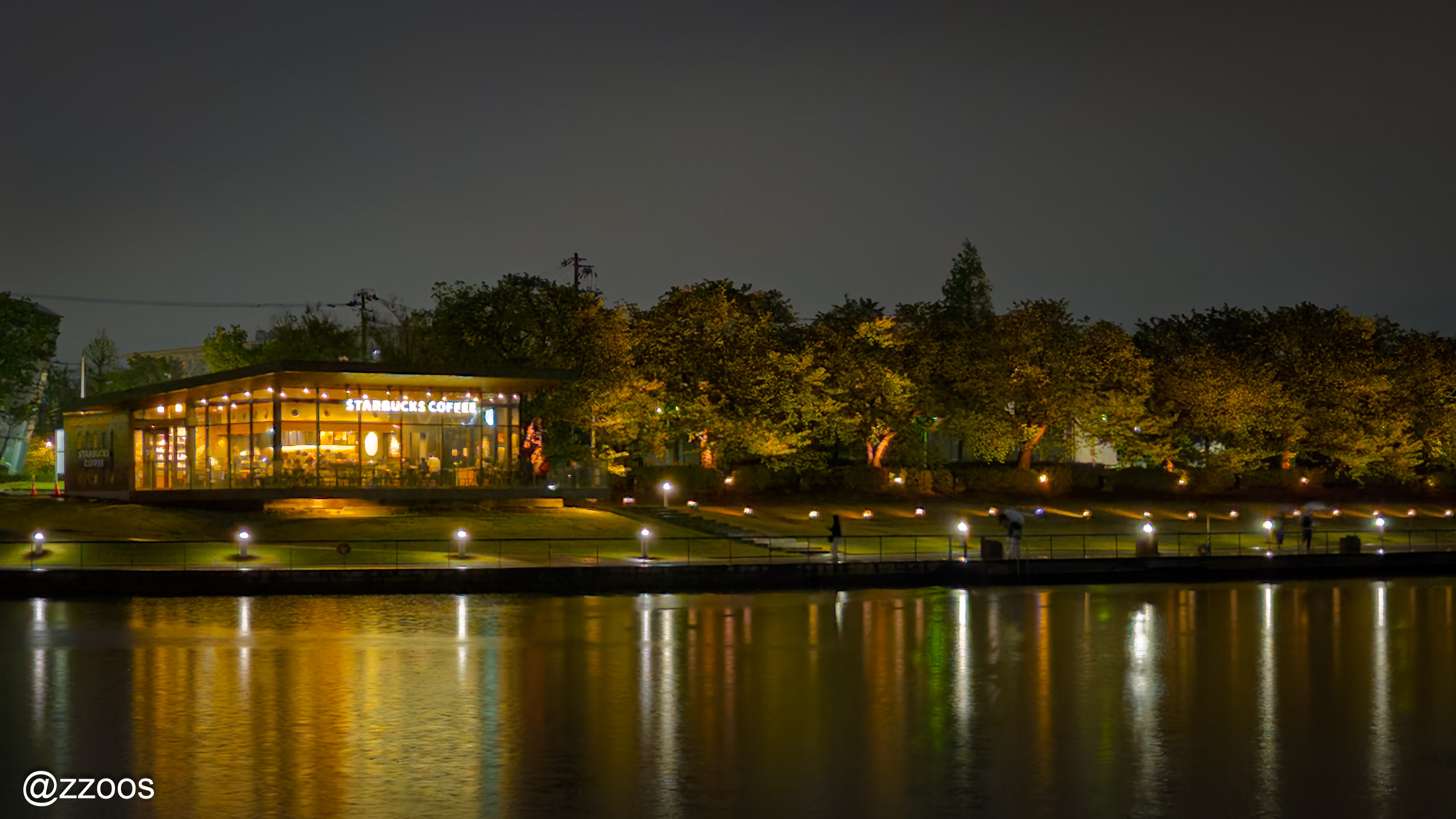 湖の向こう側から見た環水公園のスターバックス