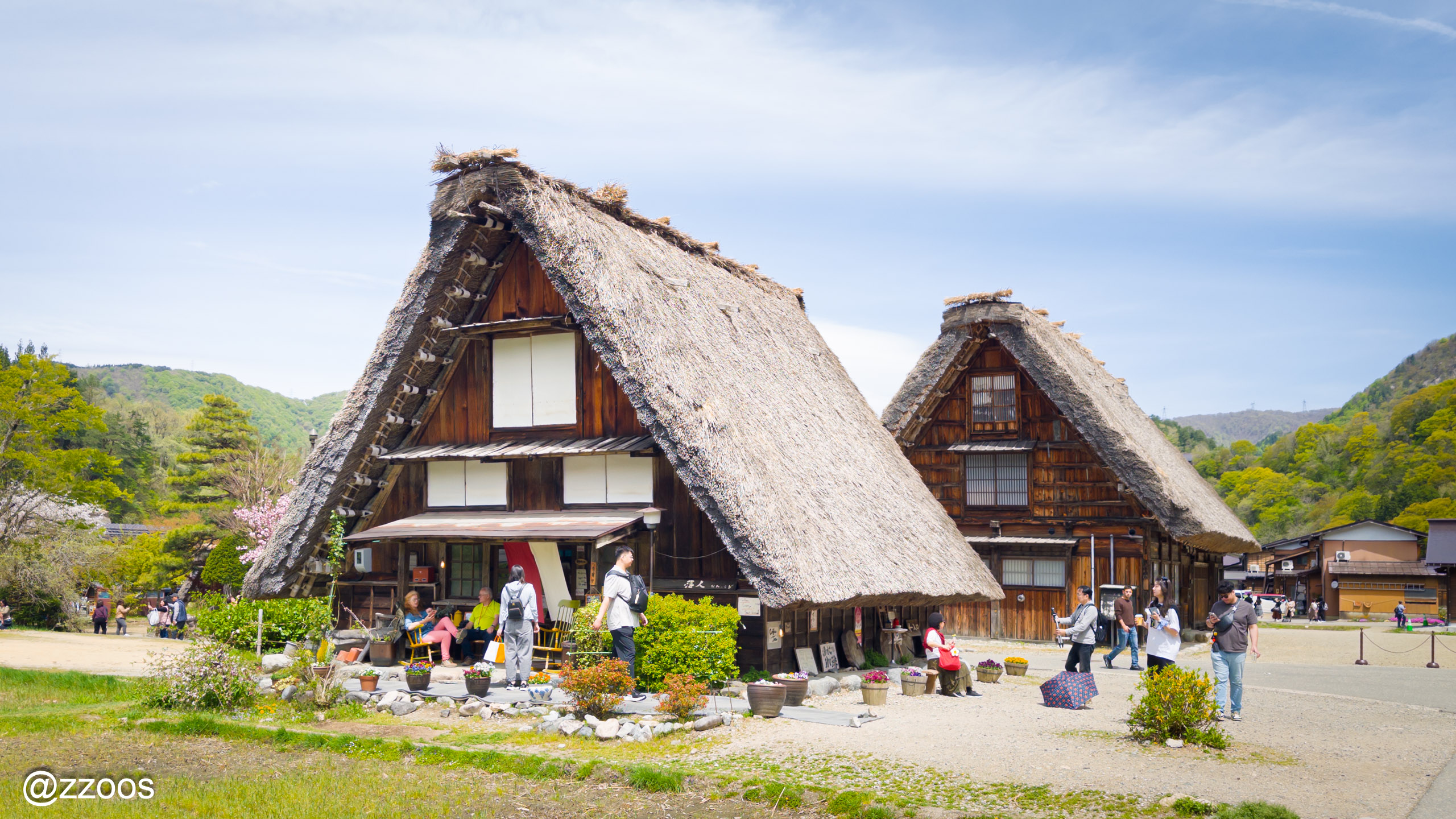A view over Shirakawago village, lined with steep gassho-zukuri roofs