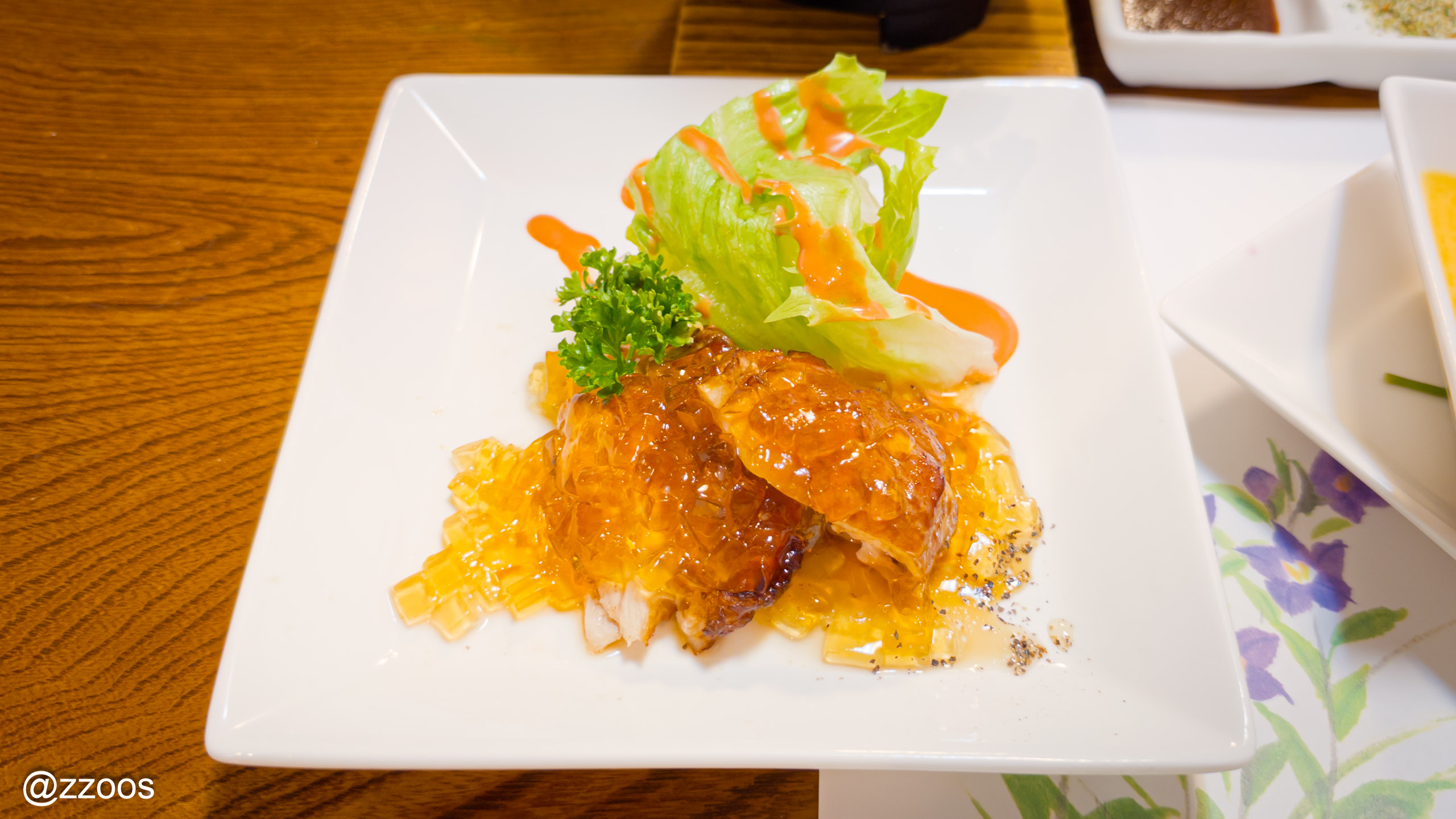 Izumi grilled chicken salad topped with soy sauce jelly