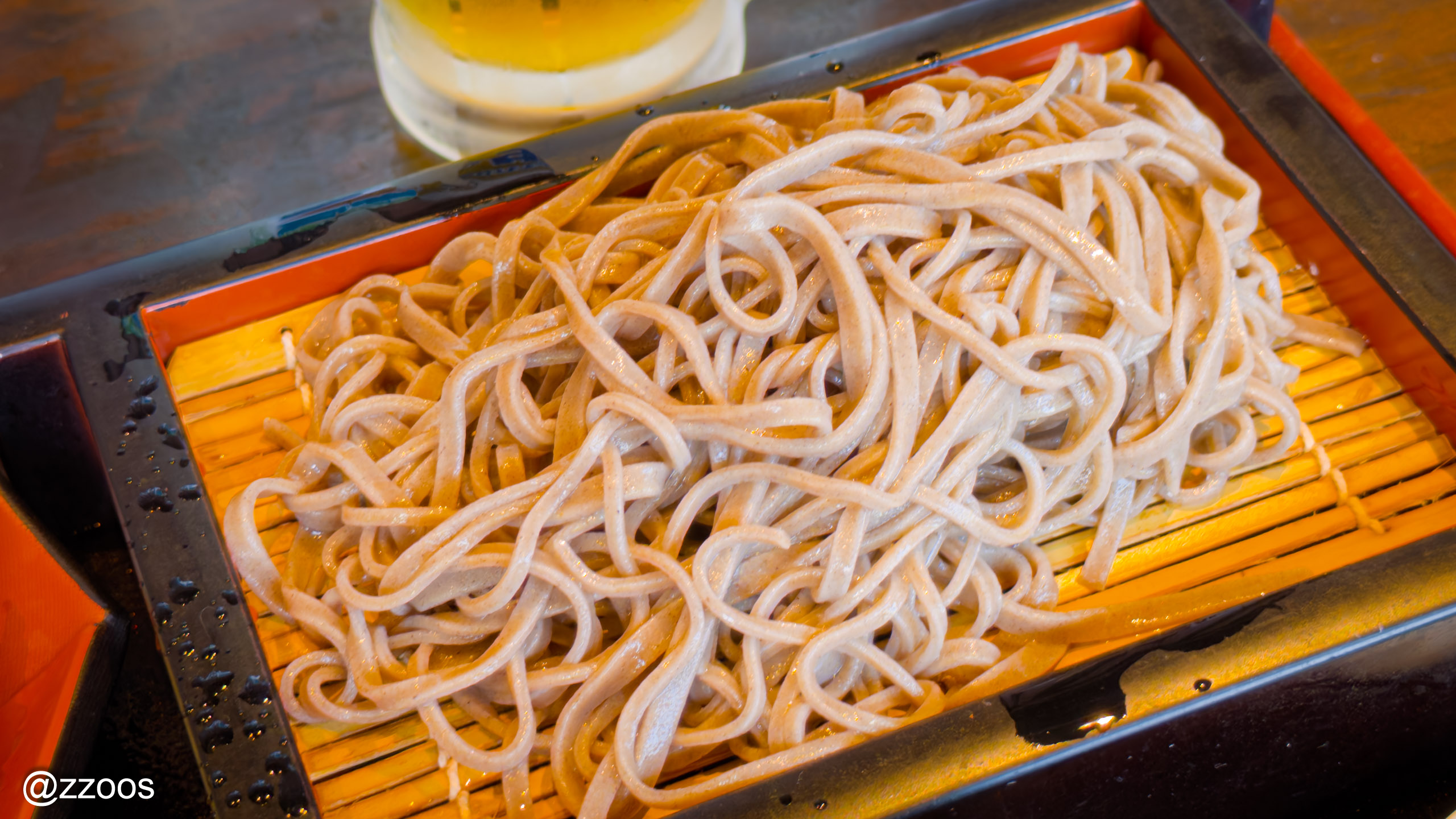 Close-up of zaru soba with a coarse noodle texture