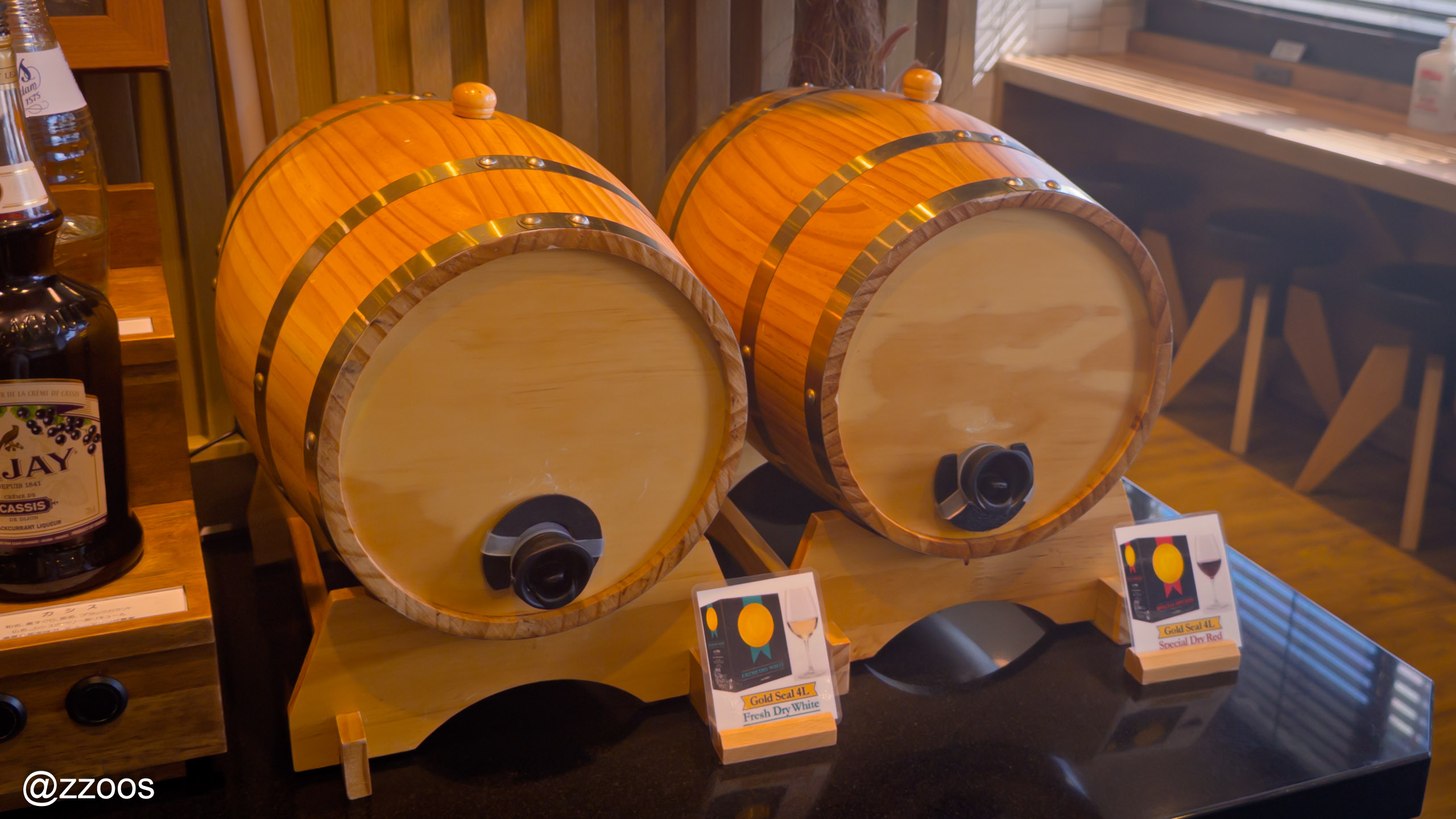 Oak-barrel wine dispensers at the Welcome Bar