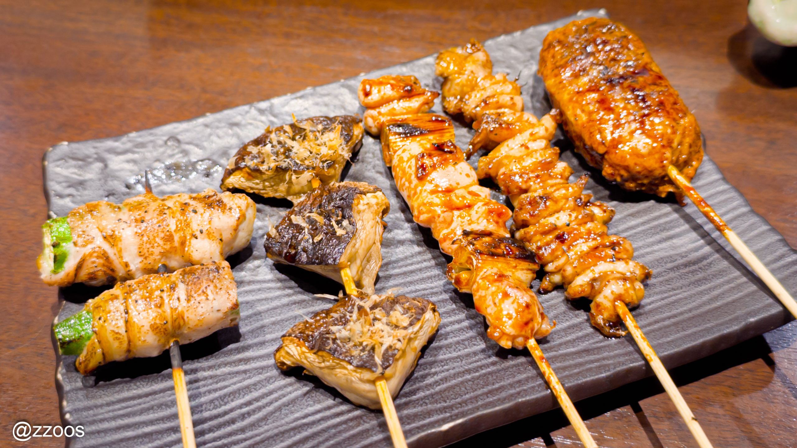 Five kinds of yakitori — okuramaki, shiitake, negima, kawa and tsukune