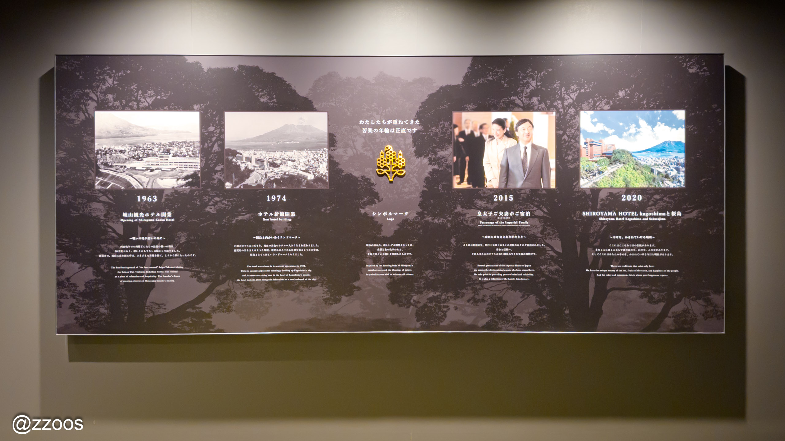 城山ホテル鹿児島の歴史を紹介するパネル