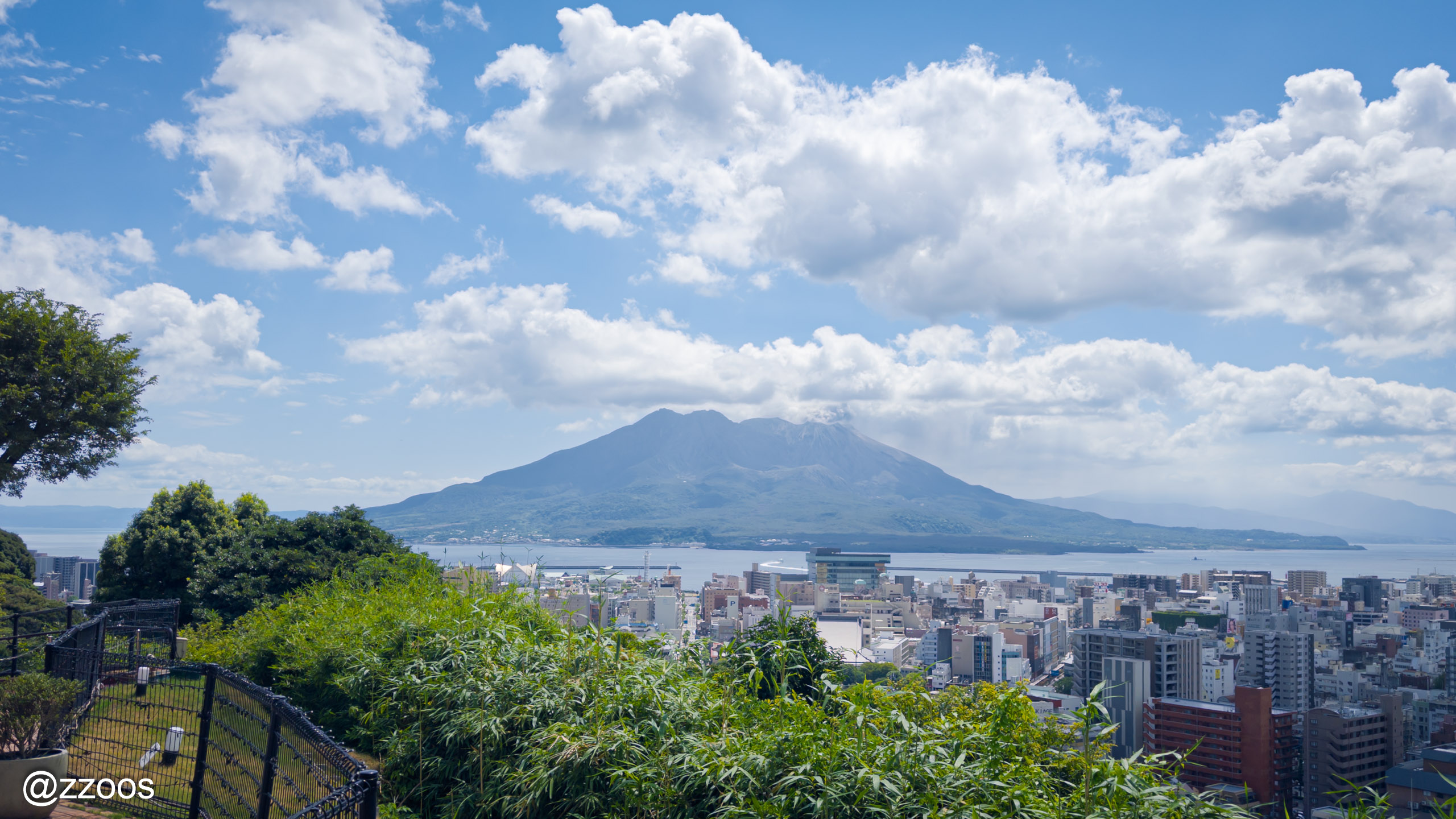 Downtown Kagoshima and Sakurajima seen from Shiroyama Hotel