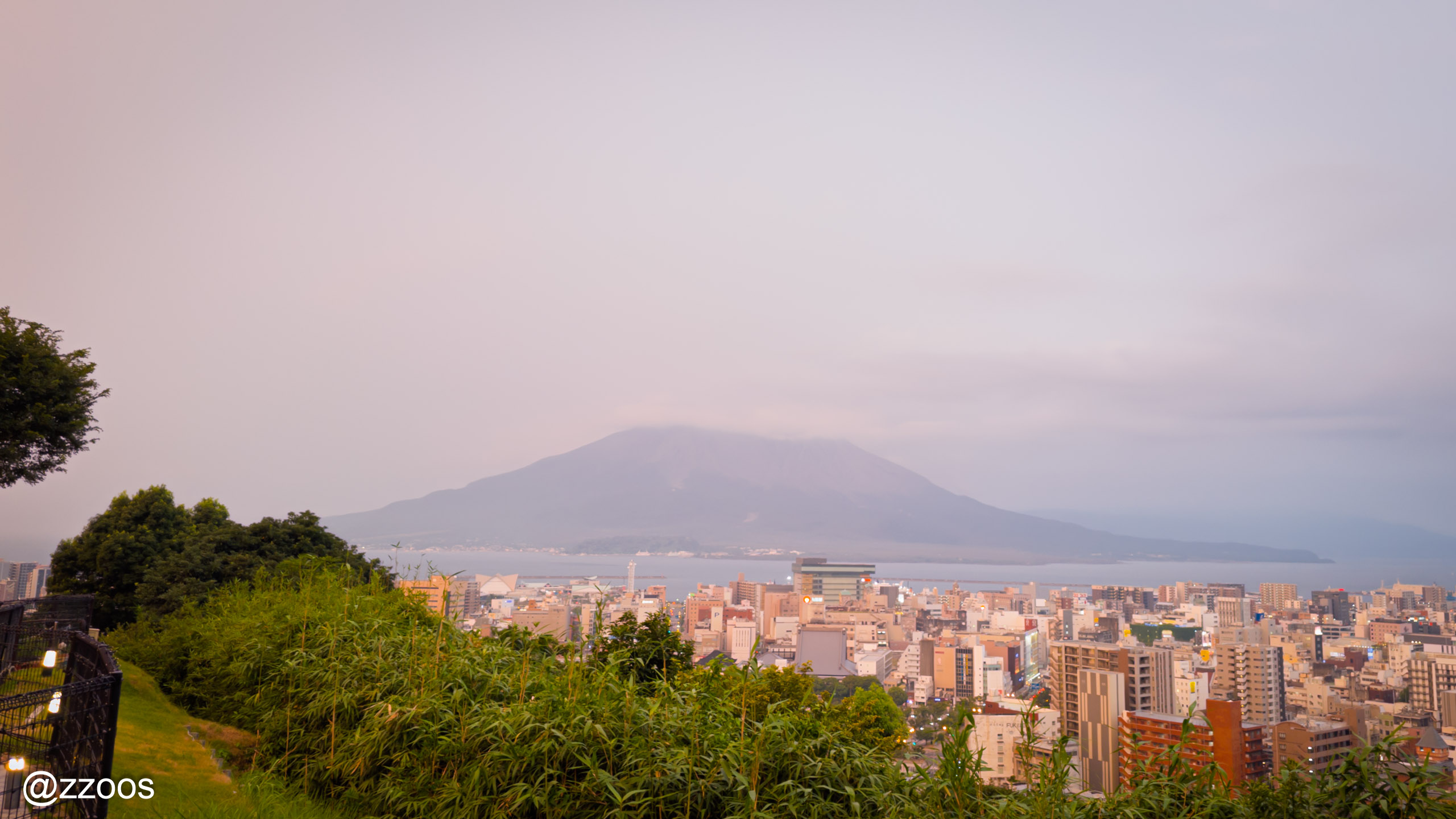 Sakurajima looking hazy on a cloudy day