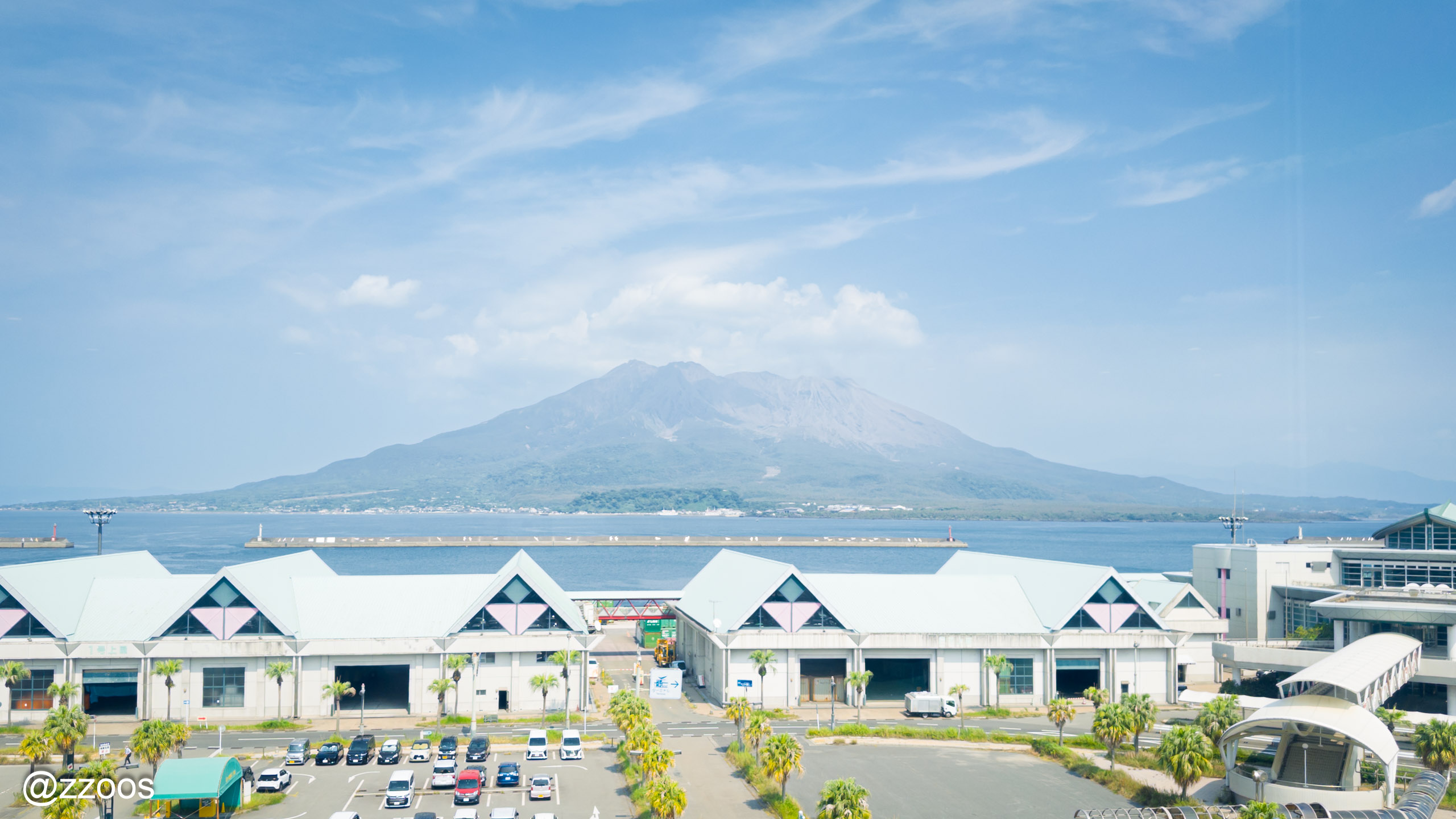Kinko Bay and Sakurajima seen through the aquarium lounge window