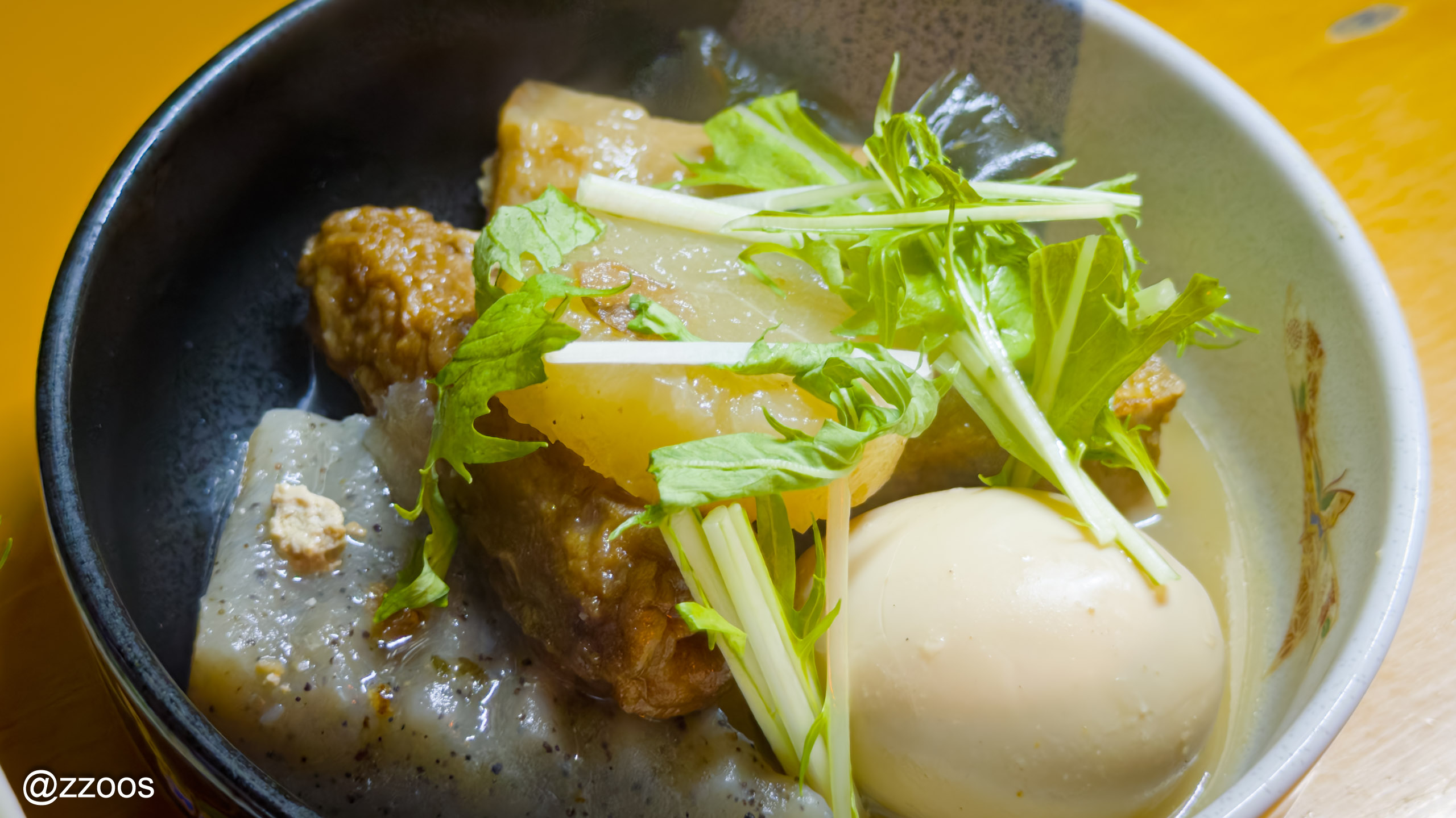 A bowl of oden with daikon, satsuma-age, konjac, and egg